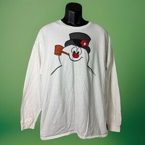 VTG FROSTY THE SNOWMAN FACE CHRISTMAS Men Long Sleeve White Graphic Tee Size XL
